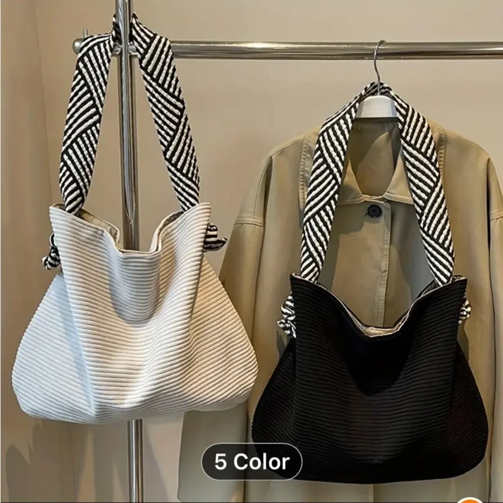 Black and White Striped Shoulder Bag with Textured Fabric NEW